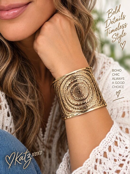 Katz XOXO Jewelry - Bold Gold Embossed Cuff Bracelet Raised Relief Boho Goddess Statement Jewelry
